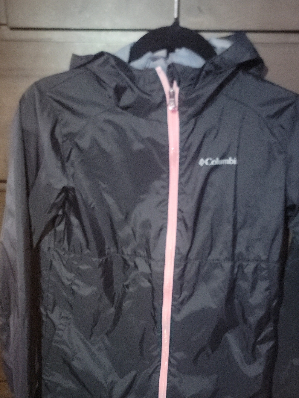 Columbia Black Hooded Kids Raincoat with Pink Zipper size 14/16